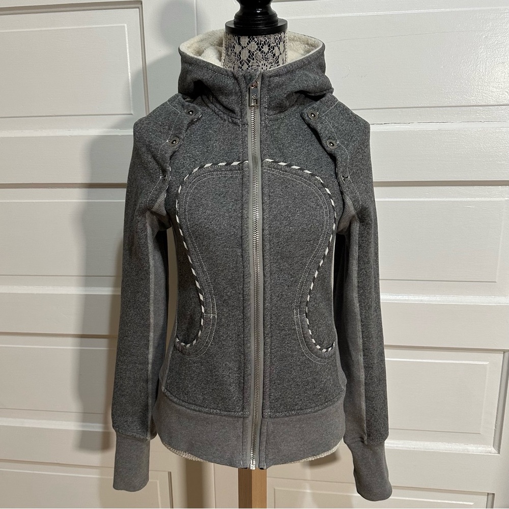 SOLD Lululemon Scuba Hoodie Detachable Sleeves 6 Heathered Speckled Black Sherpa